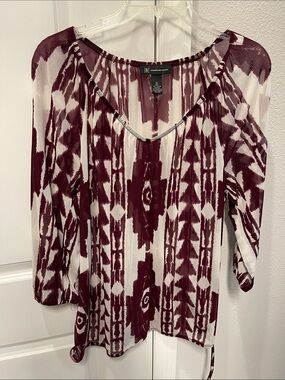 INC International Concepts Burgundy and White Geometric Sheer V-Neck Tunic